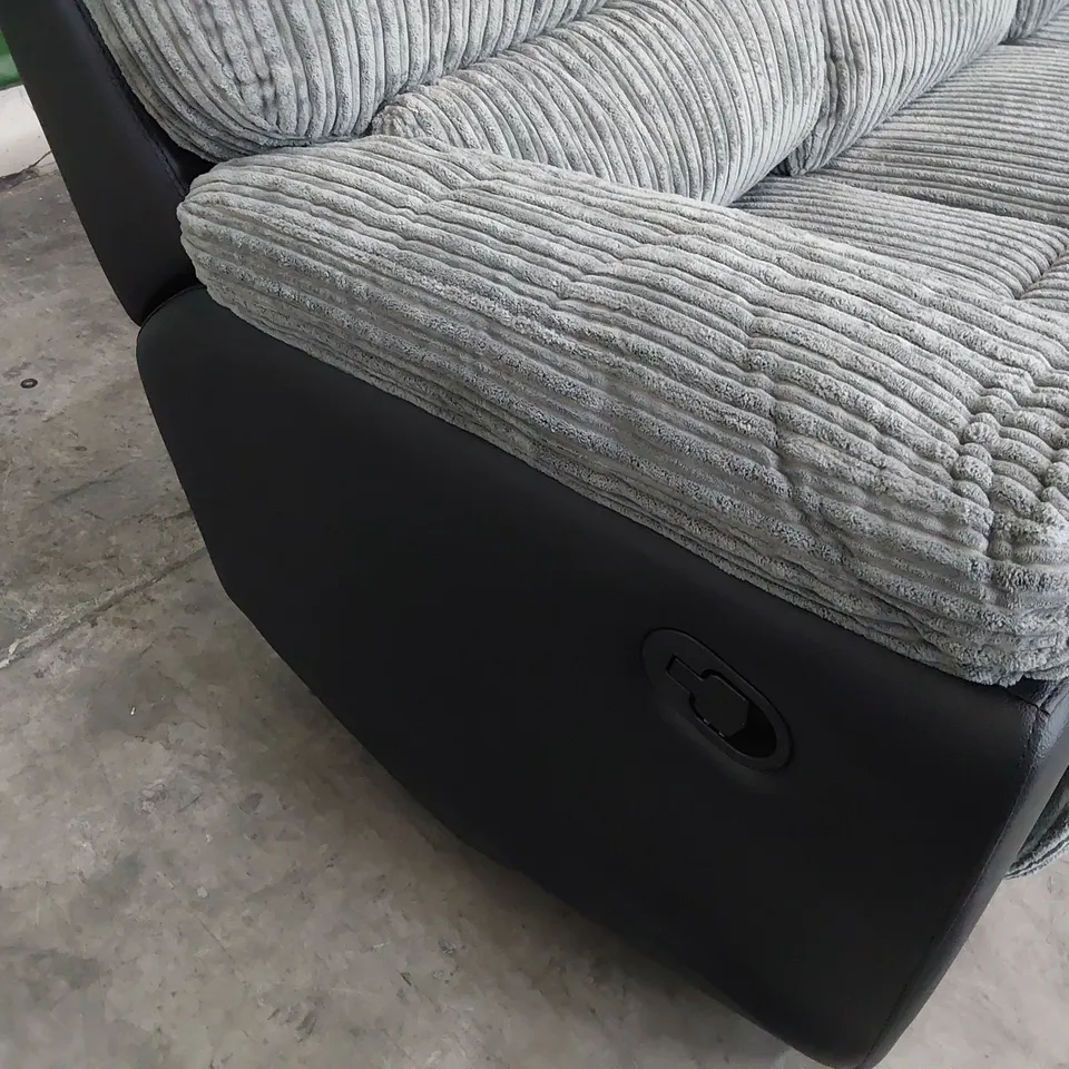 DESIGNER SIENNA MANUAL RECLINING THREE SEATER SOFA BLACK FAUX LEATHER & GREY JUMBO CHORD