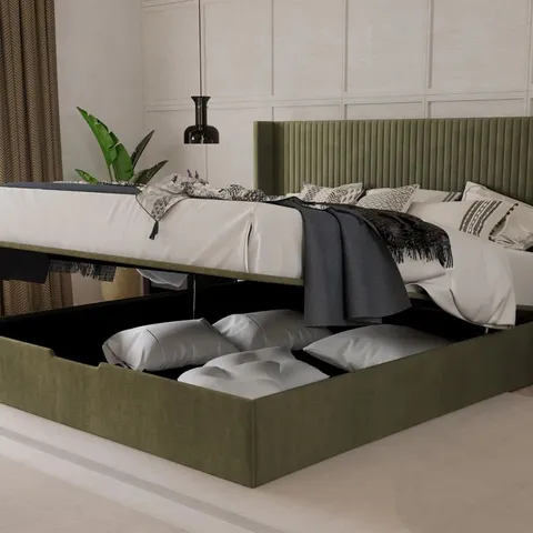BOXED KAYDIAN HARTLEY OTTOMAN 5FT KINGSIZE WINGED BED - OLIVE (4 BOXES)
