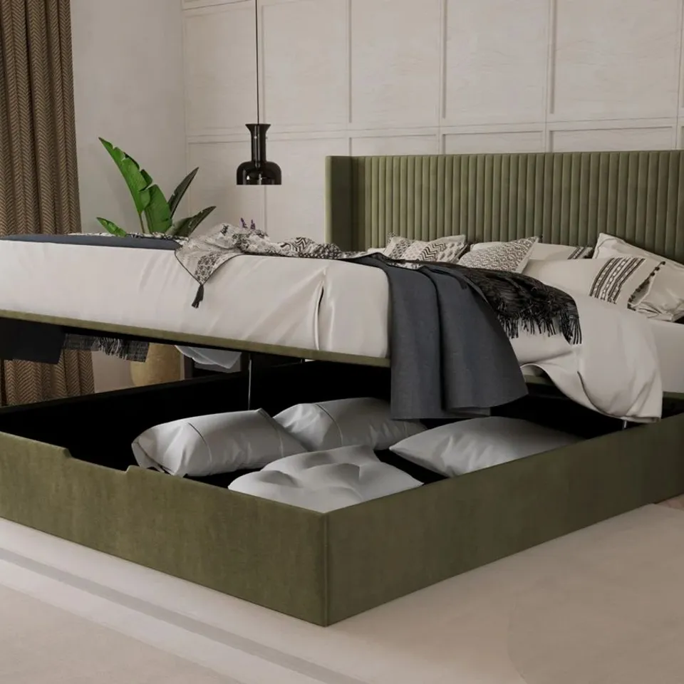 BOXED KAYDIAN HARTLEY OTTOMAN 5FT KINGSIZE WINGED BED - OLIVE (4 BOXES)