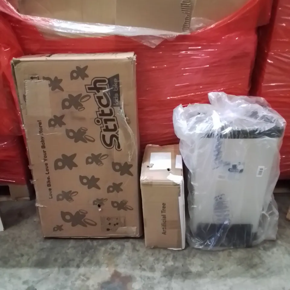 PALLET OF ASSORTED HOUSEHOLD GOODS AND PRODUCTS TO INCLUDE;ARTIFICIAL TREE,TRASH CAN,KIDS BIKE