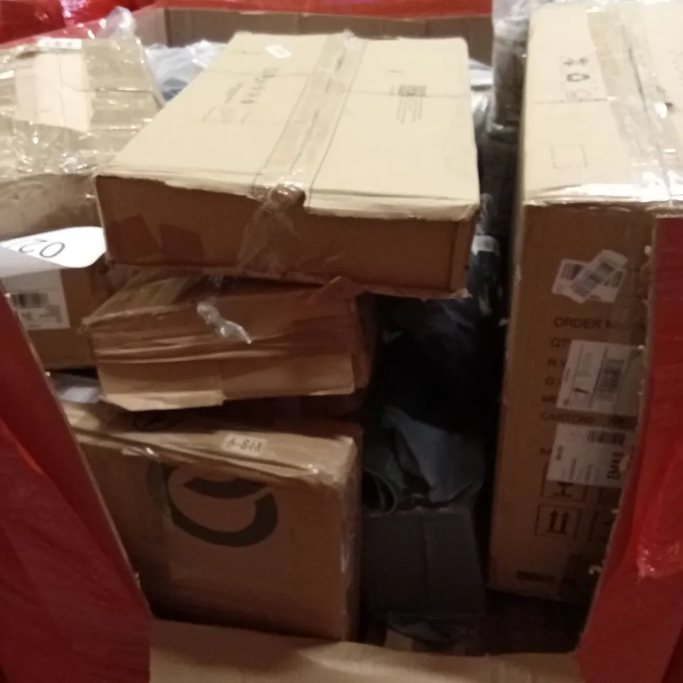 PALLET OF ASSORTED HOUSEHOLD GOODS AND PRODUCTS TO INCLUDE; CEILING FAN/LIGHT, CUTTING MATT, BOXED FURNITURE ETC