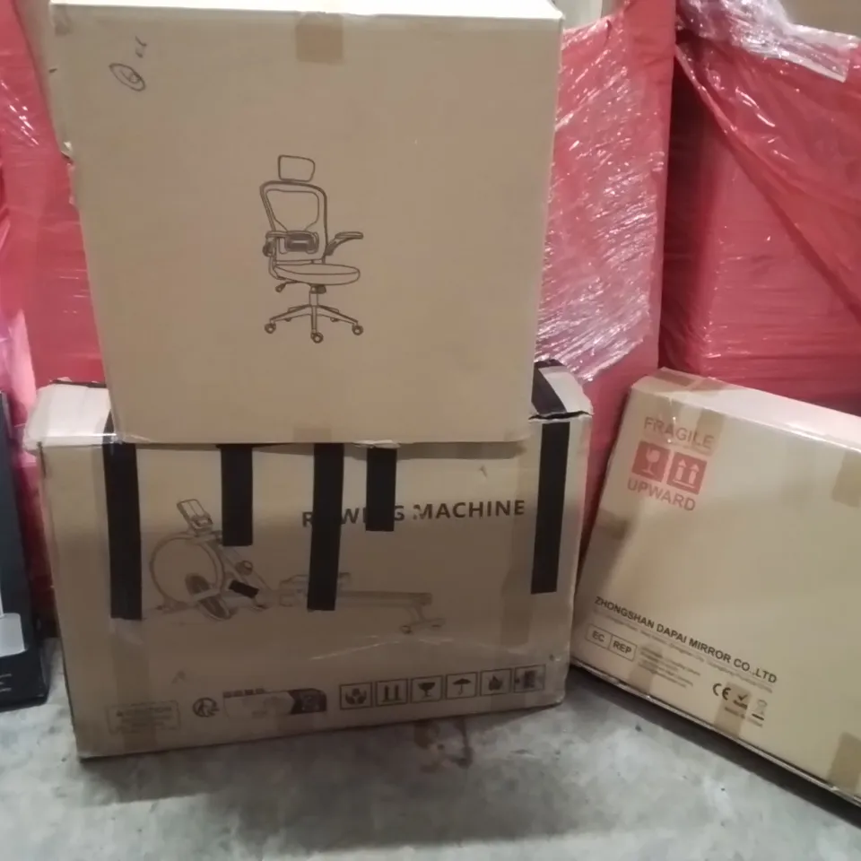 PALLET OF ASSORTED HOUSEHOLD GOODS AND PRODUCTS TO INCLUDE;ROWING MACHINE,OFFICE CHAIR,WHITE MIRROR
