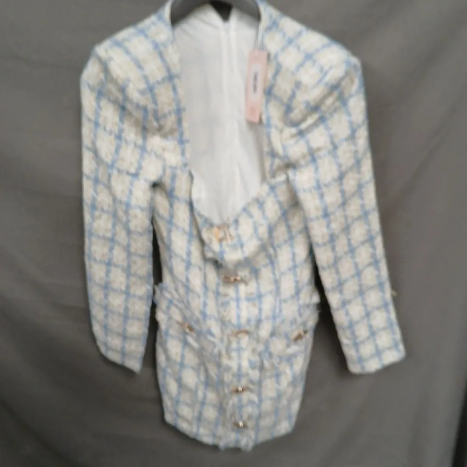 HOUSE OF MAGUIE WOMEN'S BLUE TWEED JACKET WITH GOLD-TONE BUTTONS - SIZE L
