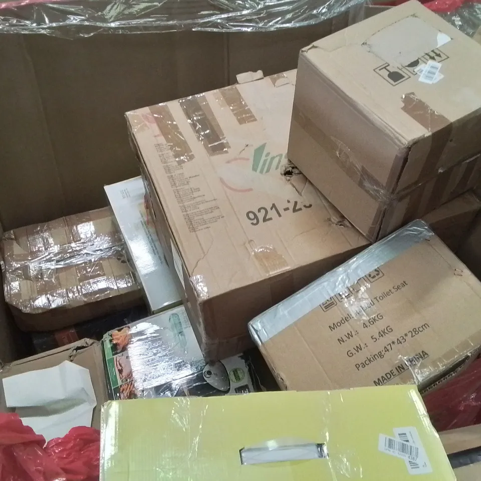 PALLET CONTAINING VARIOUS ASSORTED BOXED HOUSEHOLD ITEMS TO INCLUDE: ARMREST CHAIR, CEILING FAN, AIR PURIFIER, UNDER SINK WATER FILTRATION SYSTEM HEATED BLANKET AND LOTS MORE UNMARKED BOXED ITEMS 
