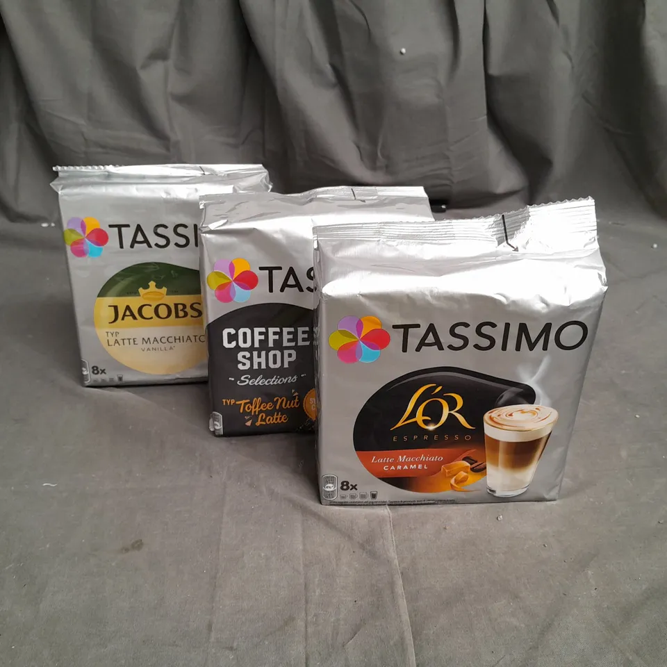7 ASSORTED FOOD ITEMS TO INCLUDE TASSIMO COFFEE SHOP SELECTION TOFFEE NUT LATTE PODS, JACOBS LATTE MACCHIATO VANILLA PODS AND ESPRESSO LATTE MACCHIATO CARAMEL PODS