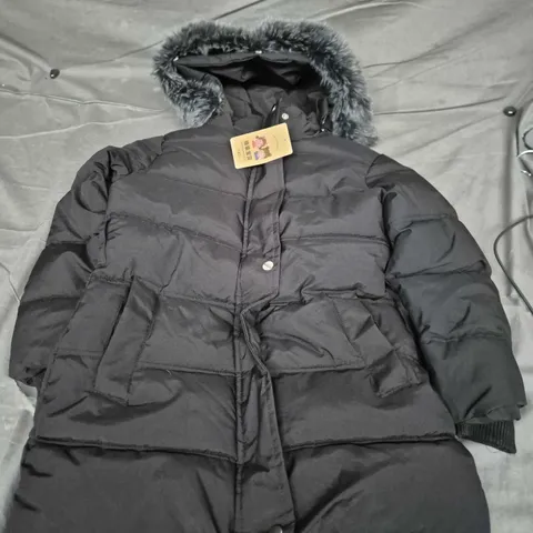 Kids' Black Puffer Coat with Faux Fur Hood – Size 140