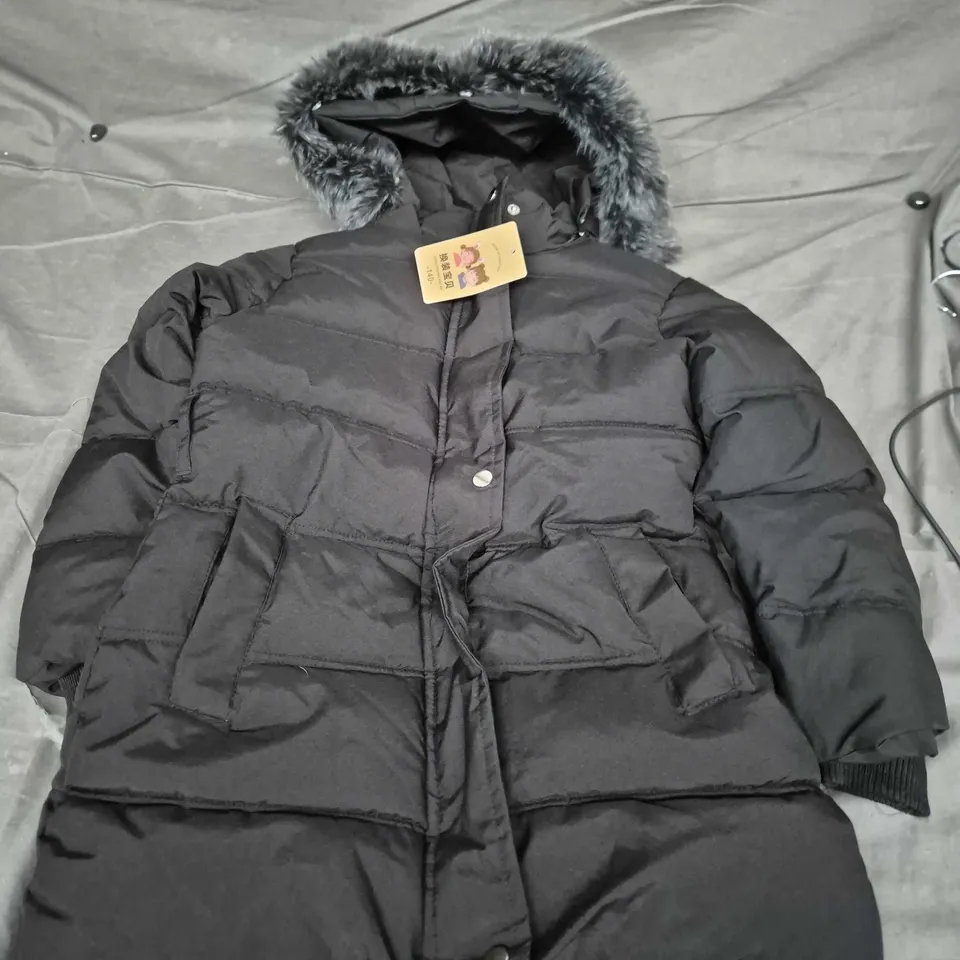 Kids' Black Puffer Coat with Faux Fur Hood – Size 140