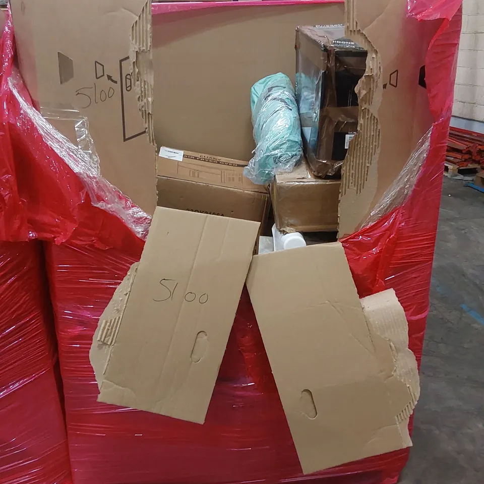 PALLET OF ASSORTED HOUSEHOLD ITEMS AND CONSUMER PRODUCTS TO INCLUDE; BREAD MAKER, AIR FRYER, SHOE RACK, PRESSURE WASHER, BIN ETC