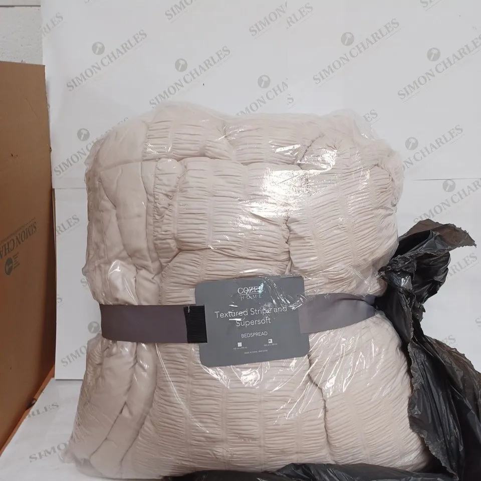 COZEE HOME TEXTURED STRIPE AND SUPERSOFT BEDSPREAD - STONE COLOUR