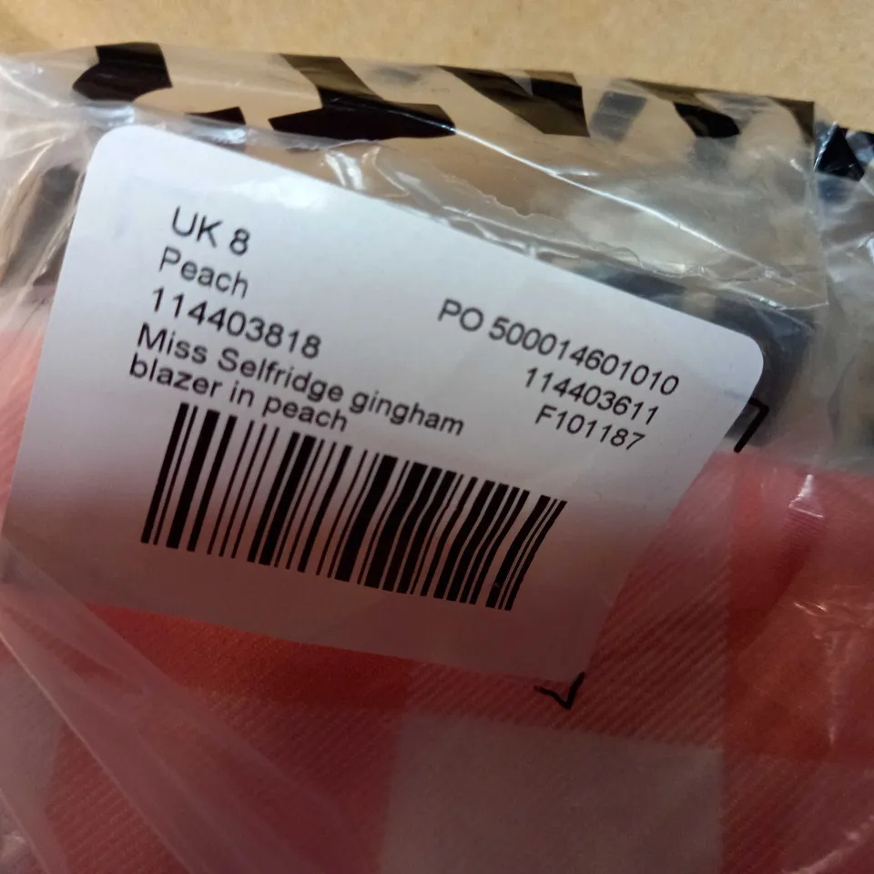 PACKAGED MISS SELFRIDGE PEACH GINGHAM BLAZER - SIZE 8