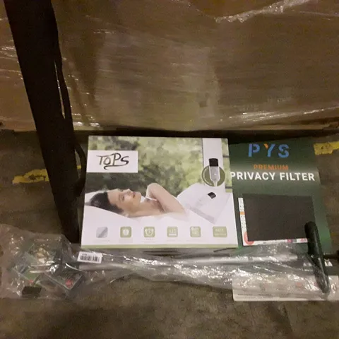 PALLET OF ASSORTED PRODUCTS INCLUDING PRIVACY FILTER, WEED PICKER, ELECTRIC HEATED THROW, UMBRELLA, 3.8M TELESCOPIC LADDER
