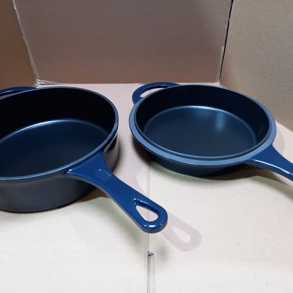BRAND NEW COOKS ESSENTIALS 2-PIECE CAST IRON DOUBLE DUTY CASSEROLE WITH SKILLET LID - BLUE