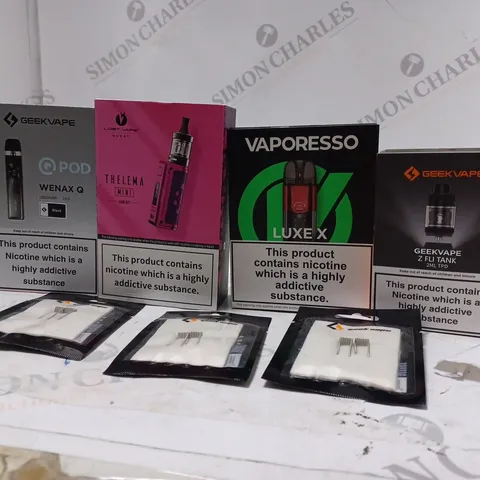 APPROXIMATELY 20 BOXED E-CIGARETTES TO INCLUDE GEEK VAPE WENAX Q , LOST VAPE THELEMA , VAPORESSO LUXE X , ETC