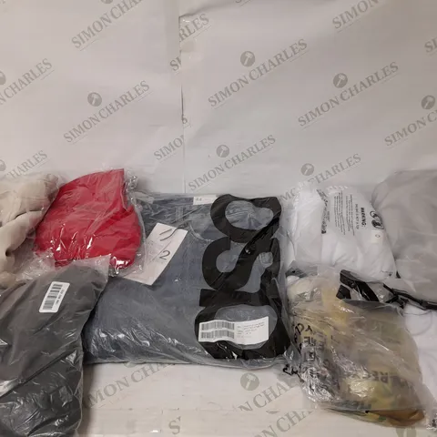 LARGE BOX OF ASSORTED CLOTHING ITEMS IN VARIOUS COLOURS AND SIZES INCLUDING TROUSERS , TOPS AND JUMPERS