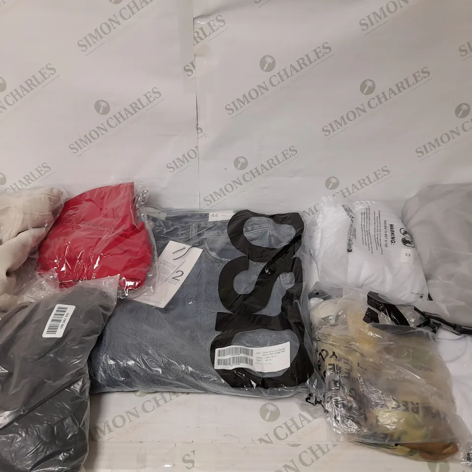 LARGE BOX OF ASSORTED CLOTHING ITEMS IN VARIOUS COLOURS AND SIZES INCLUDING TROUSERS , TOPS AND JUMPERS