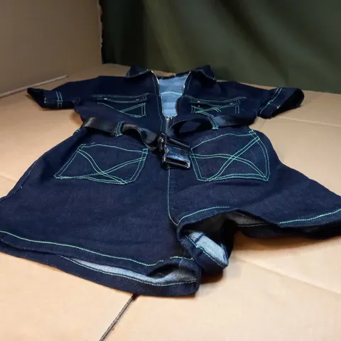 OH  POLLY DARK BLUE/GREEN DETAILED DENIM FORM FITTING PLAYSUIT - SIZE 14