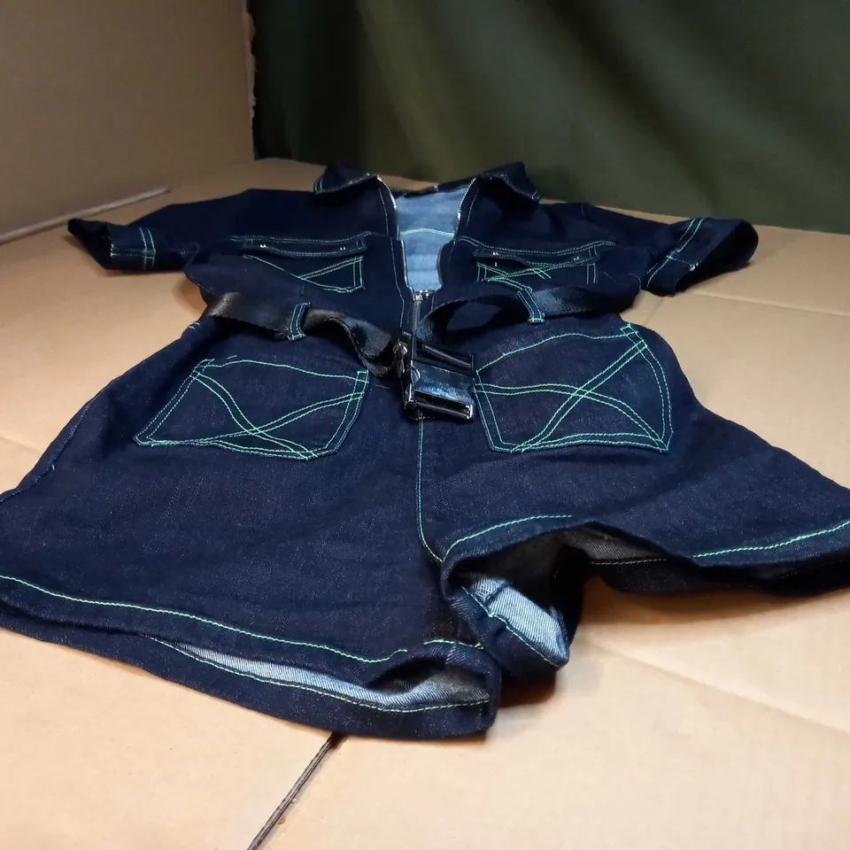 OH  POLLY DARK BLUE/GREEN DETAILED DENIM FORM FITTING PLAYSUIT - SIZE 14