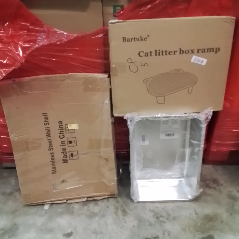 PALLET OF ASSORTED HOUSEHOLD GOODS AND PRODUCTS TO INCLUDE;STAINLESS STEEL WALL SHELF,CAT LITTER TRAY,CAT LITTER BOX RAMP