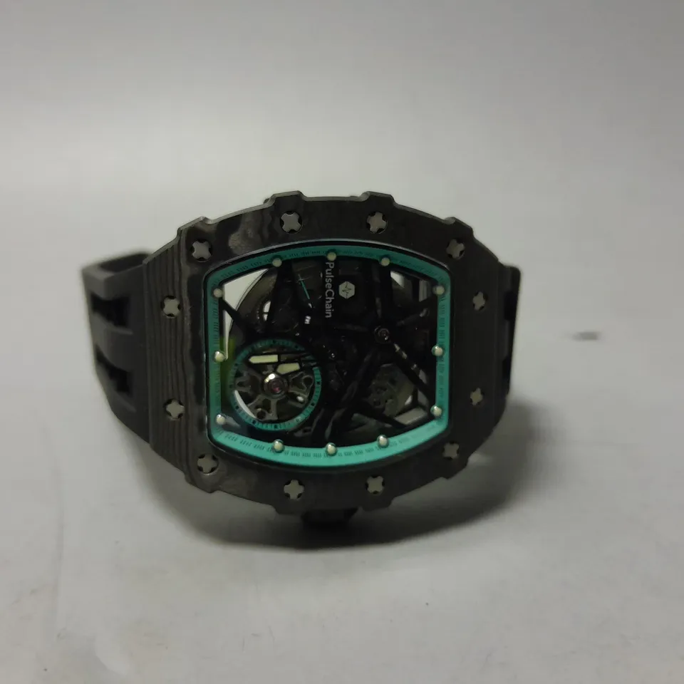 PULSE CHAIN SKELETON WATCH IN BLACK & LIGHT BLUE