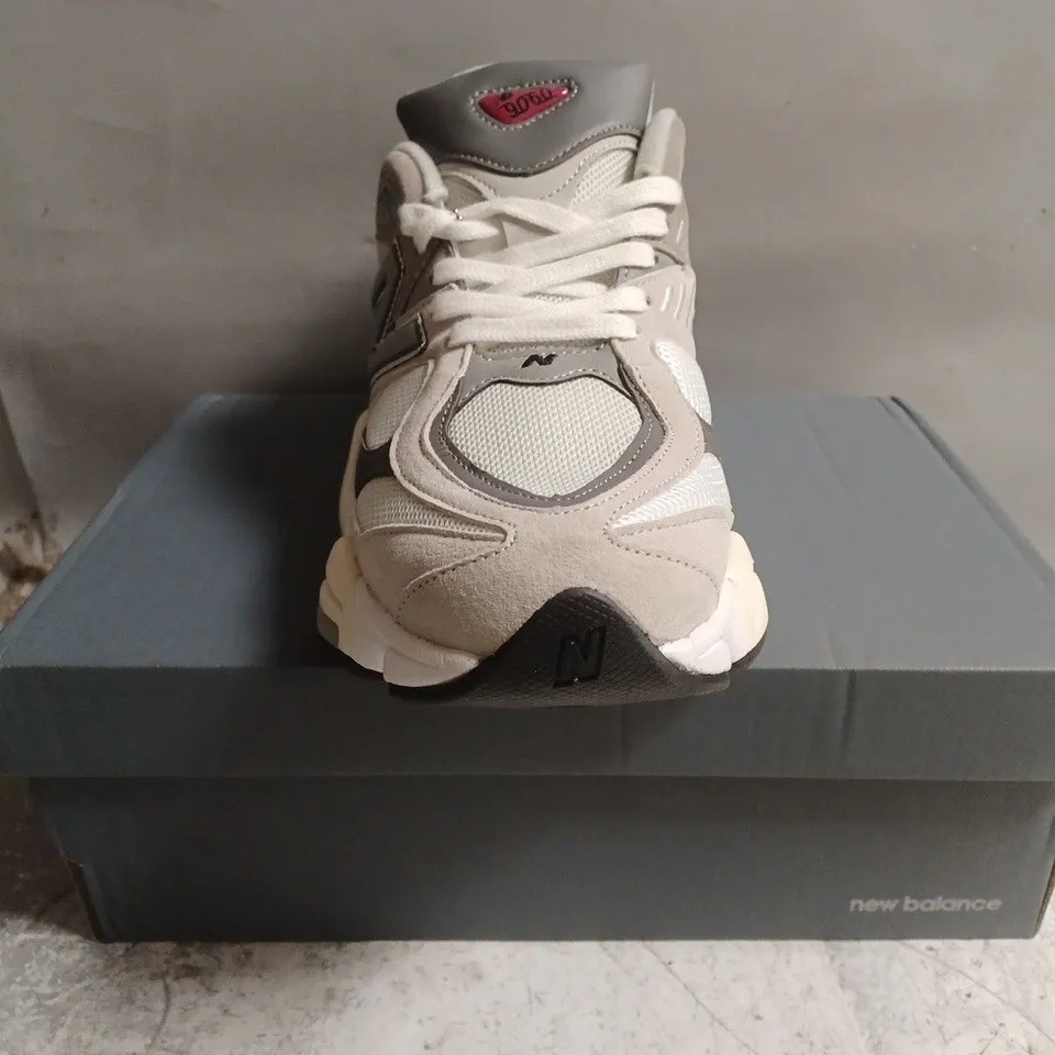 BOXED PAIR OF NEW BALANCE 9060 TRAINERS IN TAUPE/GREY SIZE UK 10.5