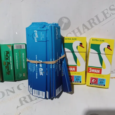 APPROXIMATELY 15 ASSORTED HOUSEHOLD ITEMS TO INCLUDE SWAN FILTER TIPS, THIN BLUE RIZLA, ROLLING KING REGULAR GREEN, ETC