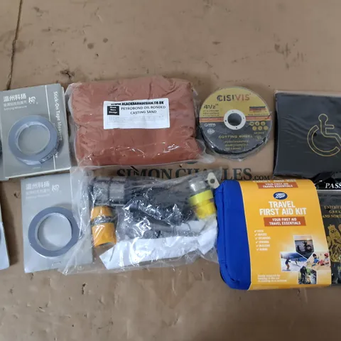 APPROXIMATELY 10 ASSORTED HOUSEHOLD ITEMS TOO INCLUDE SETTING MEASURES, CASTING SAND, TRAVEL FIRST AID KIT ETC.