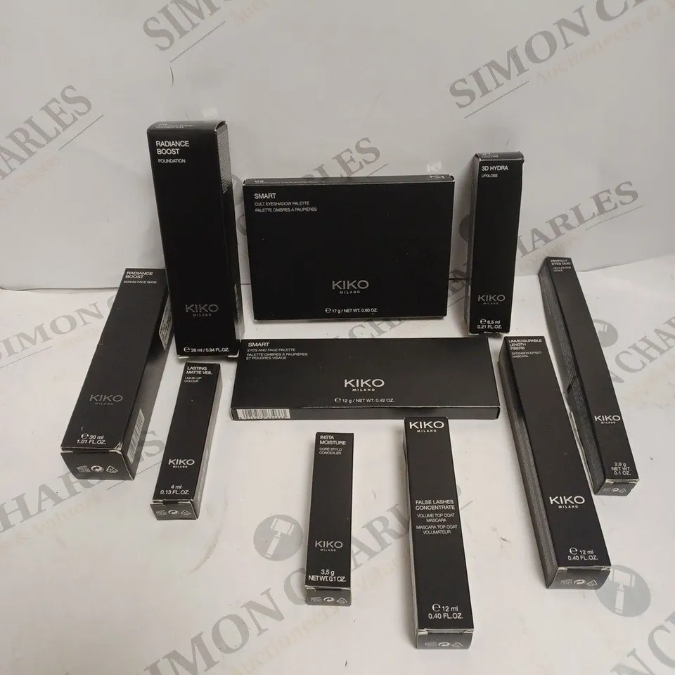 10 X ASSORTED KIKO BEAUTY PRODUCTS TO INCLUDE EYESHADOW, FOUNDATION, FACE BASE ETC