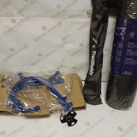 BOX OF APPROXIMATELY 10 HOUSEHOLD ITEMS TO CONTAIN HIKING TRAVEL STICKS, LARGE YOGA MAT, MULTI MASSAGER ETC