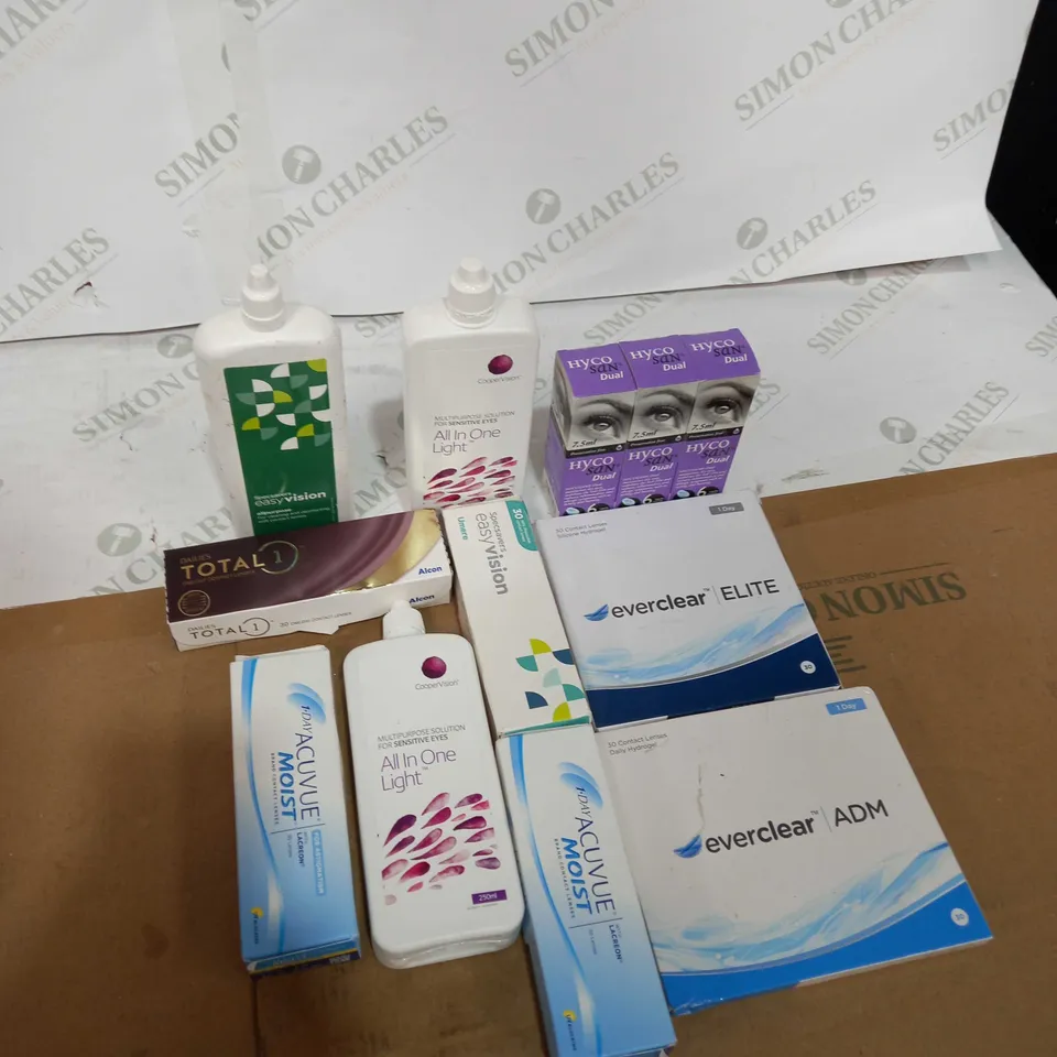 BOX OF ASSORTED MEDICAL APPLIANCES TOO INCLUDE  , EYE LENSES AND EYE DROPS 