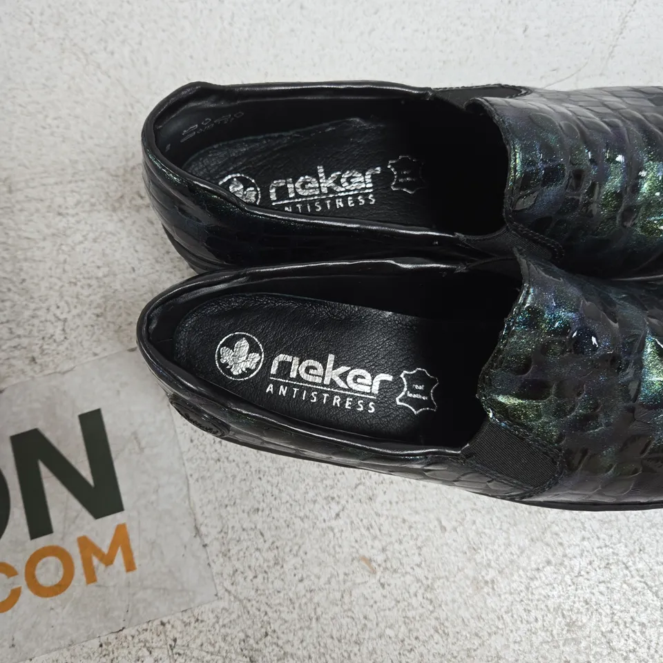 RIEKER ANTISTRESS SLIP-ON SHOES – BLACK MULTICOLOUR PATTERN UK 7