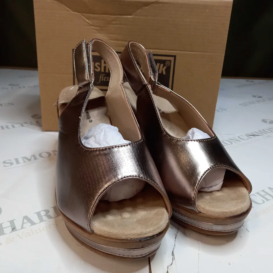 BOXED PAIR OF CUSHION WALK PEWTER STRAPPY WEDGE HEELED SHOES - SIZE 6
