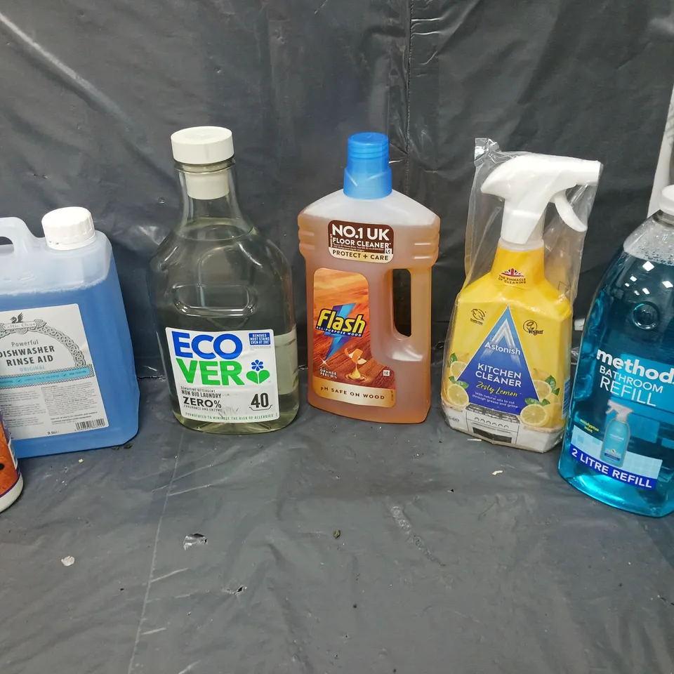 BOX OF APPROXIMATELY 8 ASSORTED ITEMS TO INCLUDE - FLASH FLOOR CLEANER, METHOD BATHROOM REFILL, AND KITCHEN CLEANER ETC. 