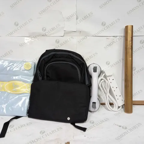 BOX OF APPROX 25 ASSORTED ITEMS TO INCLUDE - HELPING HANDLE - ELPINE 4 GANG EXTENSION LEAD - JOMA BLACK & GREY BACKPACK ECT