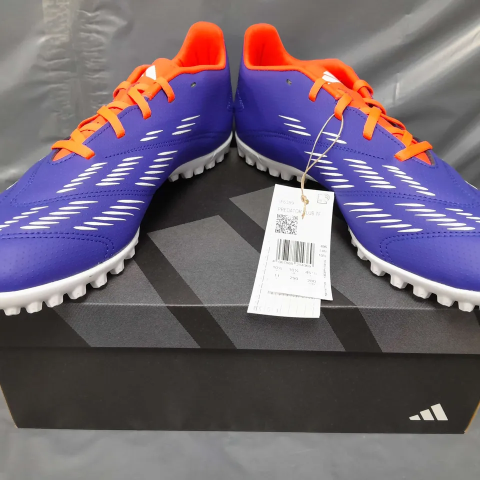 BOXED PAIR OF ADIDAS PREDATOR CLUB TF SHOES IN BLUE/WHITE/RED UK SIZE 10.5