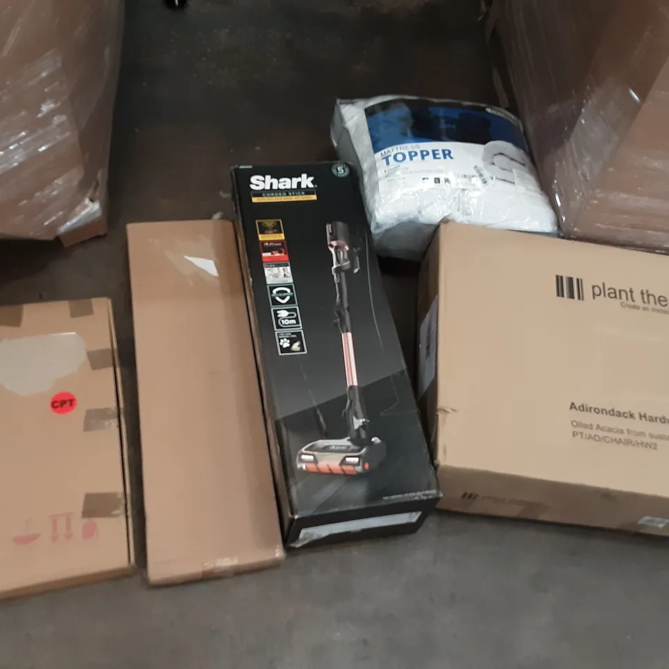 PALLET OF ASSORTED PRODUCTS INCLUDING ACRALI HOME MATTRESS TOPPER, PLANT THEATRE ADIRONDACK HARDWOOD CHAIR, SHARK CORDED STICK, HNNHOME
