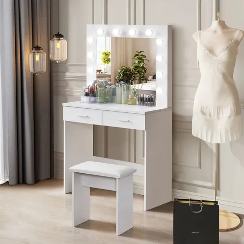 BOXED HOLLYWOOD WHITE DRESSING TABLE SET WITH LED LIGHTS MIRROR AND LARGE DRAWERS