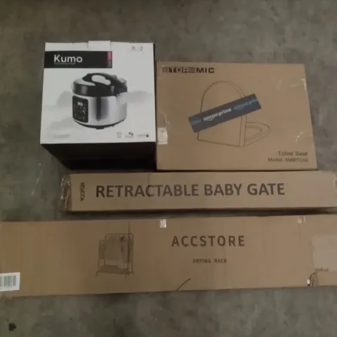 PALLET OF ASSORTED ITEMS INCLUDING KUMO RICE COOKER, STOREMIC TOILET SEAT, RETRACTABLE BABY GATE, ACCSTORE DRYING RACK, KTONER BAR STOOL, ARTIFICAL PLANTS