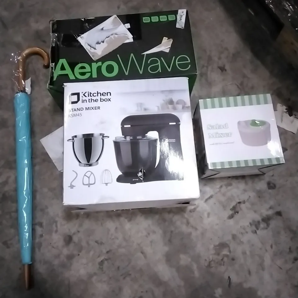 PALLET OF HOUSEHOLD ITEMS TO INCLUDE UMBRELLA, STAND MIXER, SALAD MIXER, FAN AND OTHER ASSORTED ITEMS...