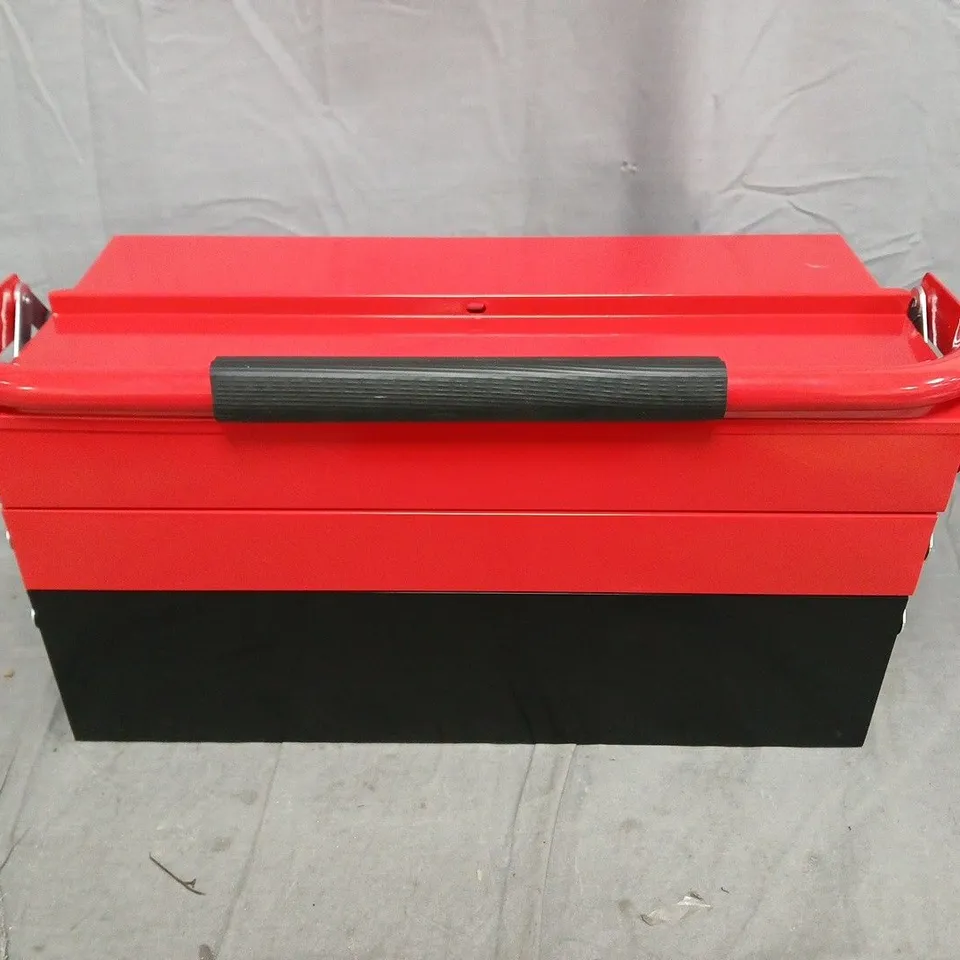 RED AND BLACK PORTABLE TOOLBOX WITH FOLD-OUT SUPPORT LEGS