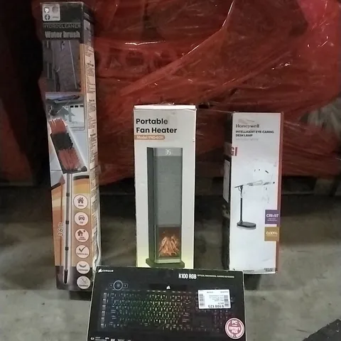 PALLET OF HOUSEHOLD ITEMS TO INCLUDE HYDROCLEANER WATER BRUSH, PORTABLE FAN HEATER,,INTELLIGENT EYE CARING DESK LAMP, KEYBOARD AND OTHER ASSORTED ITEMS...