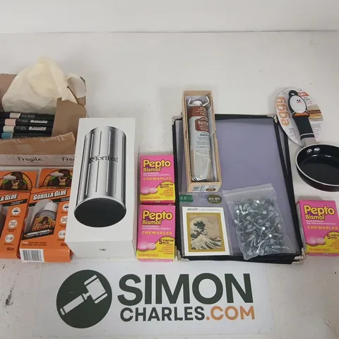 MIXED LOT OF HOUSEHOLD ITEMS: GORILLA GLUE, PEPTO-BISMOL, MASTER ARTIST TUBE, SNOOPY ART CARD & FRYING PAN