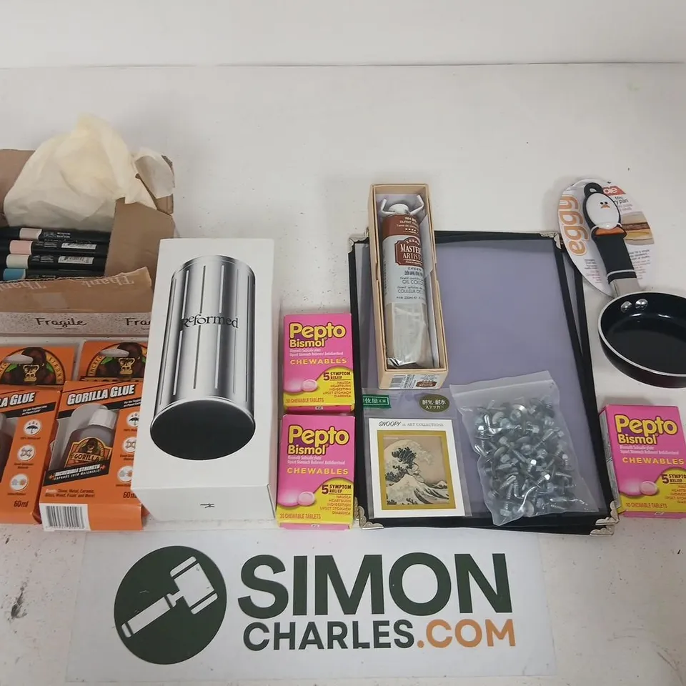 MIXED LOT OF HOUSEHOLD ITEMS: GORILLA GLUE, PEPTO-BISMOL, MASTER ARTIST TUBE, SNOOPY ART CARD & FRYING PAN