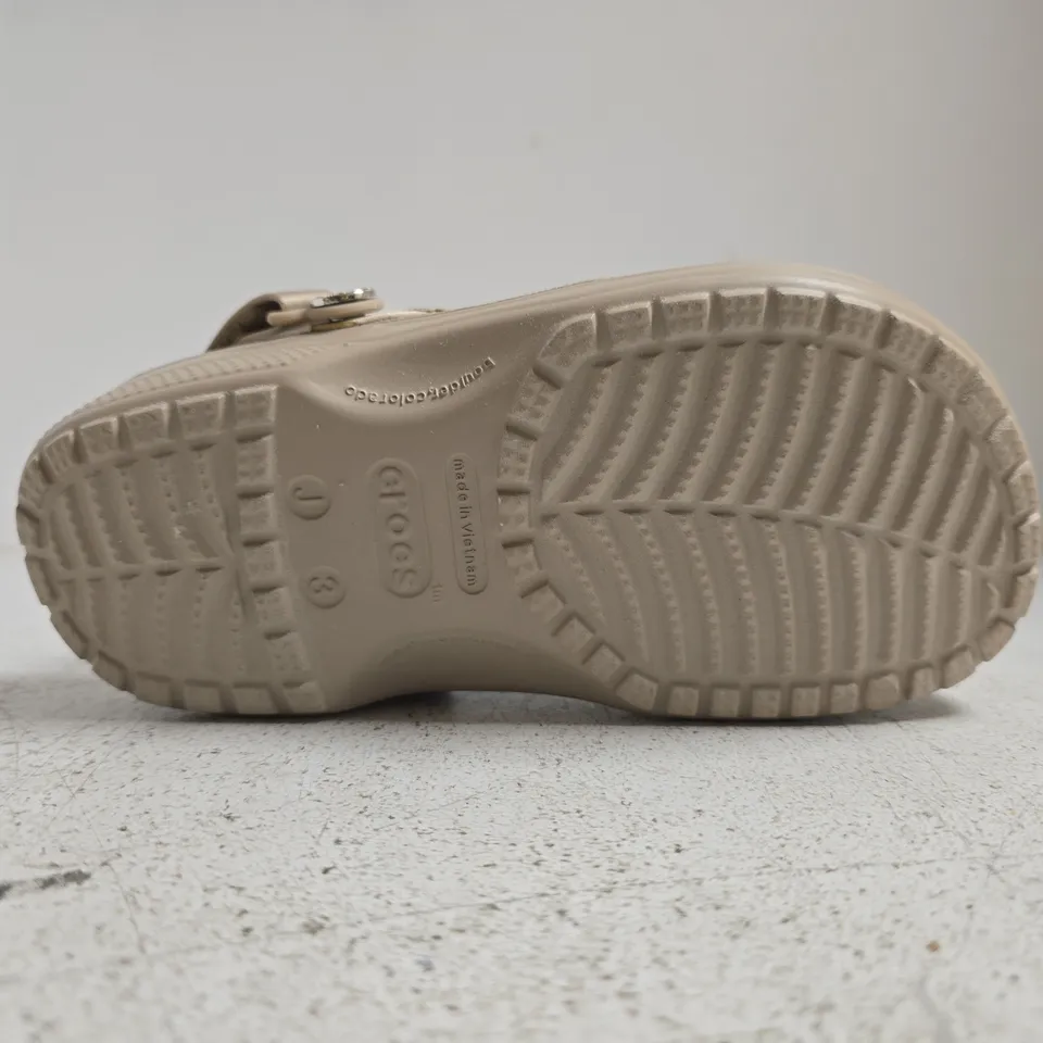 PAIR OF CROCS CLASSIC KID'S SATIN CLOGS IN TAUPE SIZE UK J3