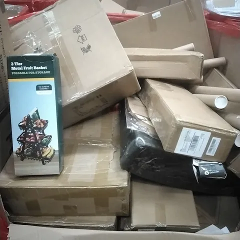 PALLET OF ASSORTED HOUSEHOLD GOODS AND PRODUCTS TO INCLUDE; FRUIT BASKET , DOOR BRACE, BOXED FURNITURE ETC