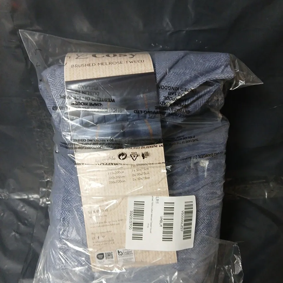 CATHERINE LANSFIELD BRUSHED 100% COTTON MELROSE TWEED DUVET SET - BLUE - KING SIZE