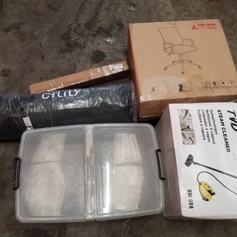 PALLET OF ASSORTED PRODUCTS INCLUDING OFFICE CHAIR, STEAM CLEANER, SHOE RACK, CLEAR STORAGE TUB, TENT