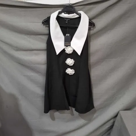 WOMEN'S BLACK SLEEVELESS DRESS WITH LARGE WHITE COLLAR AND FLORAL FRONT BUTTONS RIVER ISLAND