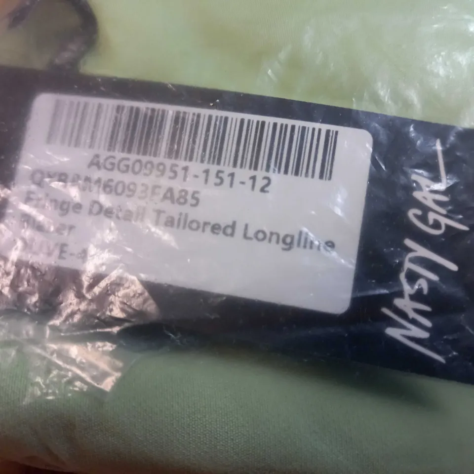 PACKAGED NASTY GAL OLIVE FRINGE DETAIL TAILORED LONGLINE BLAZER - SIZE 14