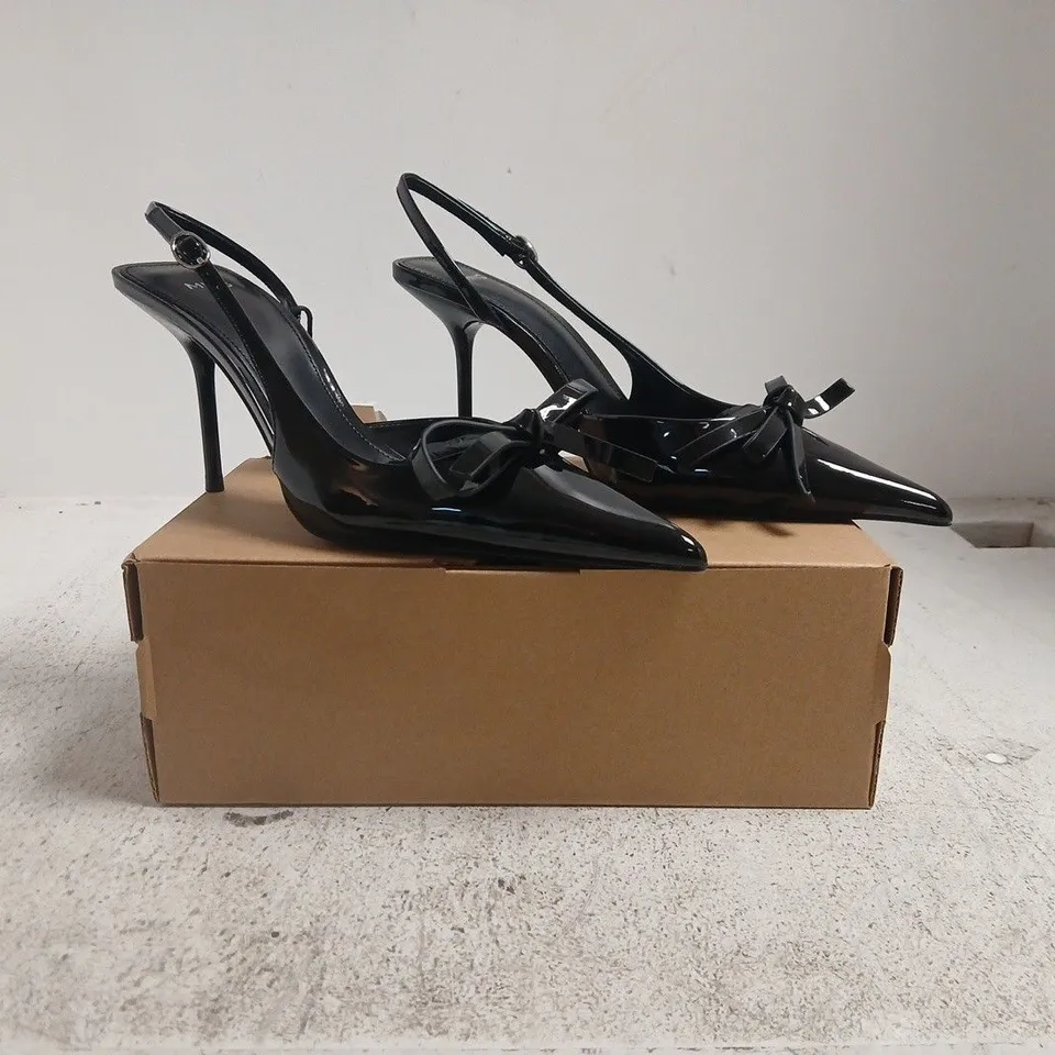 BOXED PAIR OF MANGO POINTED TOE STILETTO HEELS IN BLACK SIZE UK 5