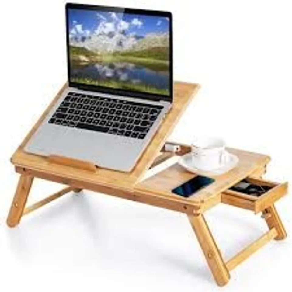 BOXED LAPTOP DESK FOR BED, ADJUSTABLE BAMBOO LAP SERVING TRAY WITH 4-LEVEL TILTING DESKTOP & DRAWER, FOLDABLE NOTEBOOK STAND DESK FOR BREAKFAST, WRITING & READING,